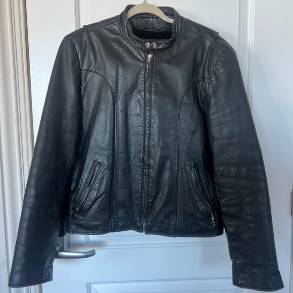Vintage Black Leather Jacket with Silver Accents - Picture 1 of 6